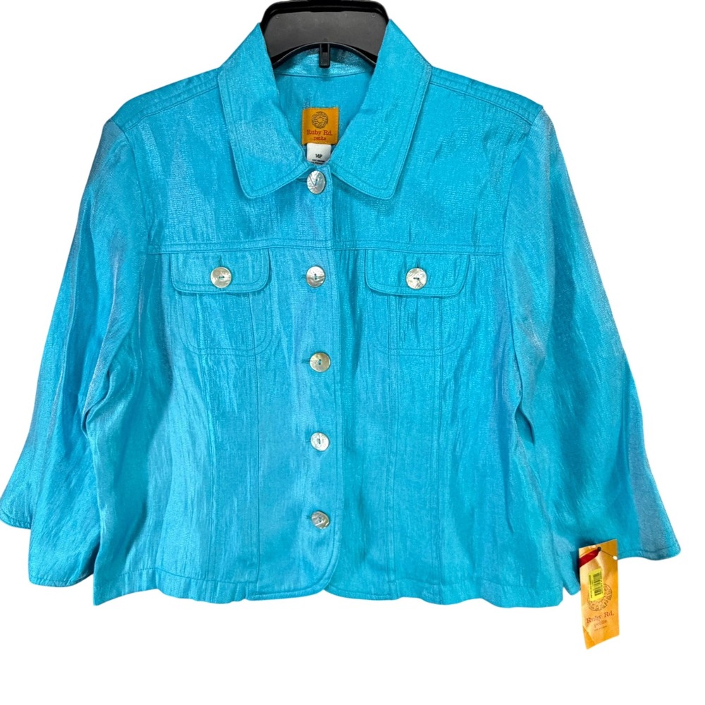 Ruby Rd Rayon Blend Shimmer Button Jacket Women 14P Blue Sheen 3/4 Modest Blazer
